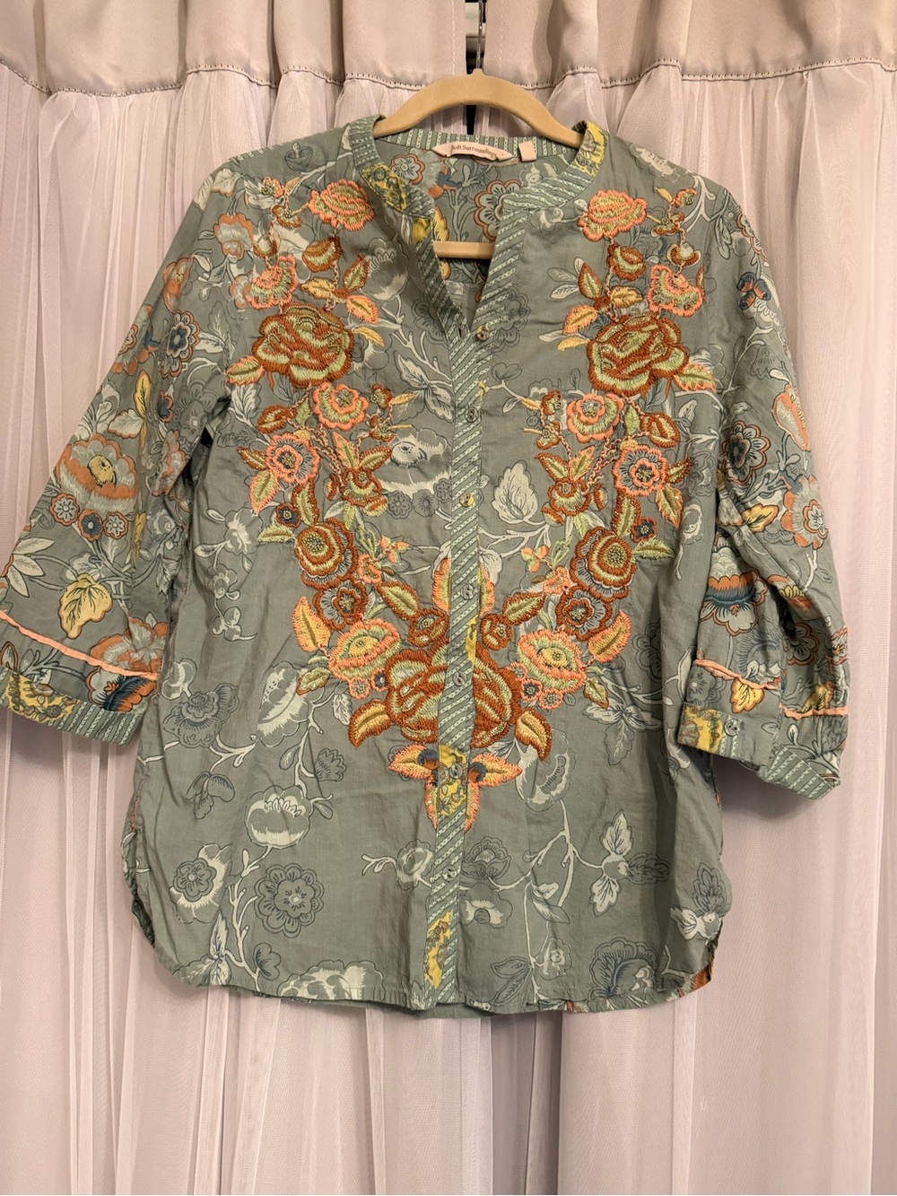 Soft Surroundings Sage Green Floral Blouse with Coral Accents